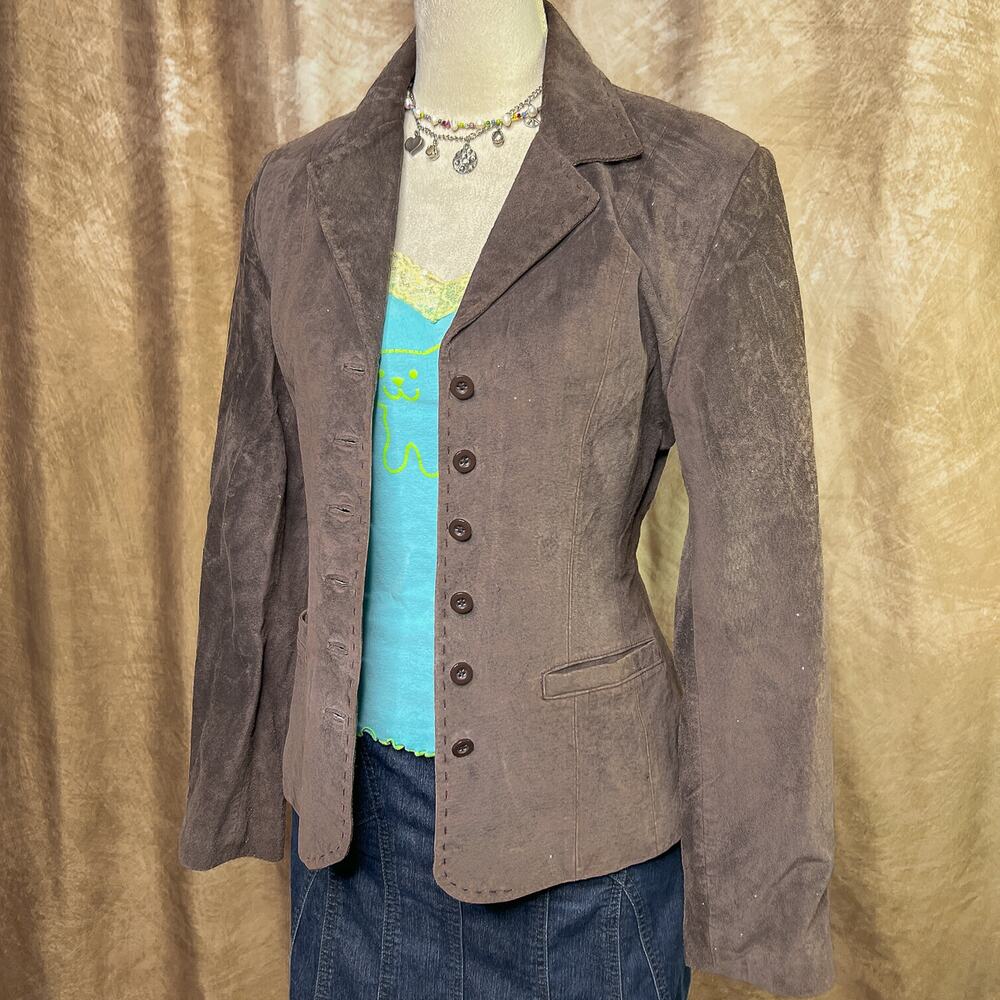 Vintage Y2K Suede Leather Jacket Button Up Brown Tailored Euro 2000s Indie